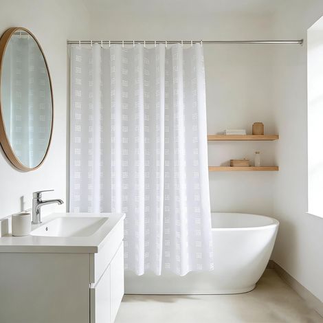 Rideau de Douche - 1 Pièce - Polyester - Motif Géométrique Blanc - Imperméable et Lavable - Pour Salle de Bain - 180x150cm (1/5)