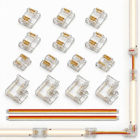 Kit Connecteur LED 3 Broches 10mm COB CCT, 10 Connecteurs Transparents 3-Pin 10mm, 4 Connecteurs Angle en L 3Pin, 2 Câbles 15cm 22AWG, Connecteur Bande LED Sans Soudure pour Ruban COB 2835 2216 (1/5)