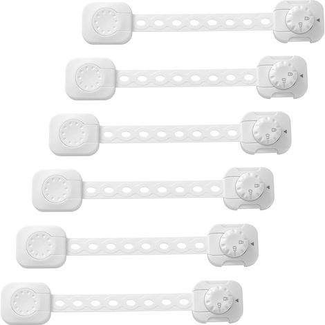 Ein Set aus 6 Kindersicherungen, verstellbarer Klebefläche, geeignet für Schubladen, Kühlschränke und Toiletten, weiß.
