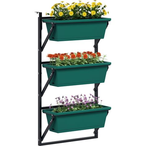 Fioriera da Esterno Verticale e 3 Vasi per Piante in Plastica con Fori di Drenaggio, 56x42x100 cm, Verde