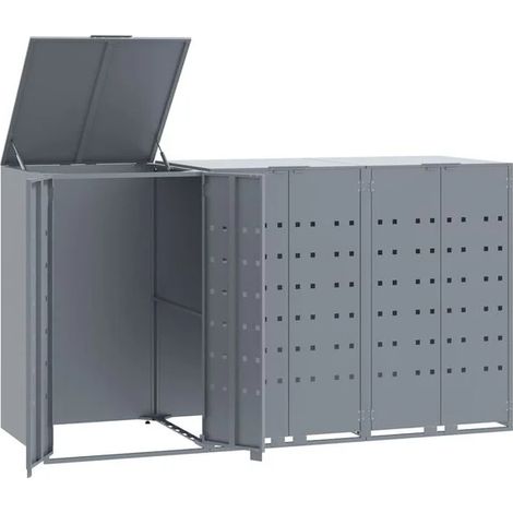 Support à roulettes pour 3 poubelles, gris acier