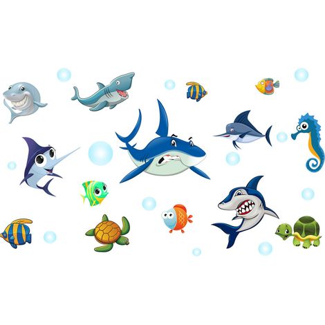 Sticker Murale Ocean - Animaux Marins Poisson Requin Tortue Sous-Marin - Pour Chambre Enfant Nursery Salon - 1 Feuille 25 x 70 cm (1/5)