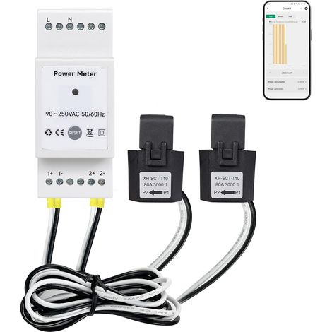 Smart Energy Monitor - Tuya, single-phase, real-time voltage, current, power factor and active power measurement, controlled via mobile app, 472-W-TY-80A