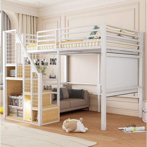 Lit mezzanine 140/200 cm blanc en métal avec rangement intégré et échelle sécurisée (1/5)