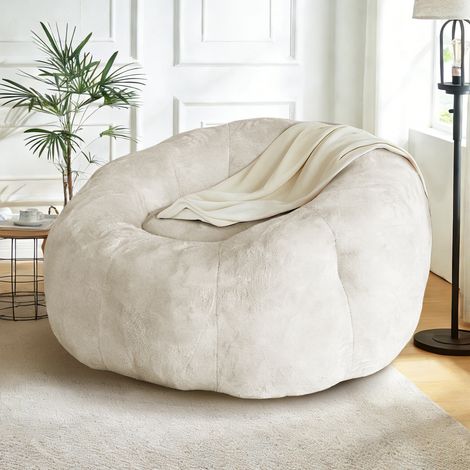 CHICFURN Fauteuil poire rond blanc en tissu doux, grand siège lounge détente pour salon, chambre ou coin lecture, assise cocooning stable et facile à intégrer (1/5)