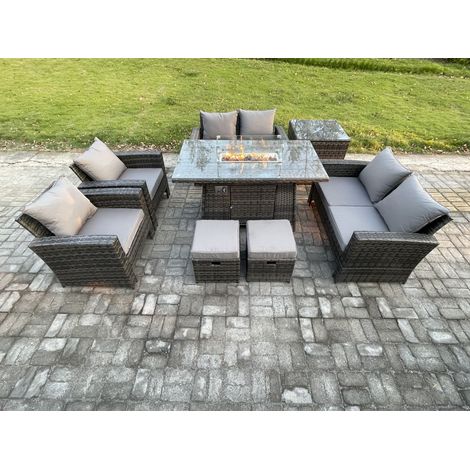 Fimous Wicker PE Rattan Garden Furniture Sets 8 Seater Patio Outdoor Gas Firepit Dining Table Heater Set with Double Seat Sofa Side Table 2 Small Footstools Dark Grey Mixed (1/5)