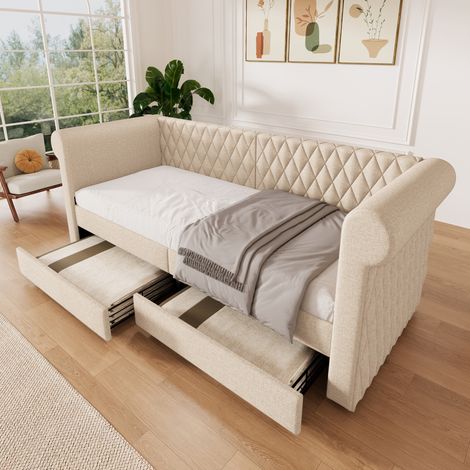 Lit banquette 90 x 200 cm vintage en lin beige avec 2 tiroirs de rangement et sommier inclus (1/5)
