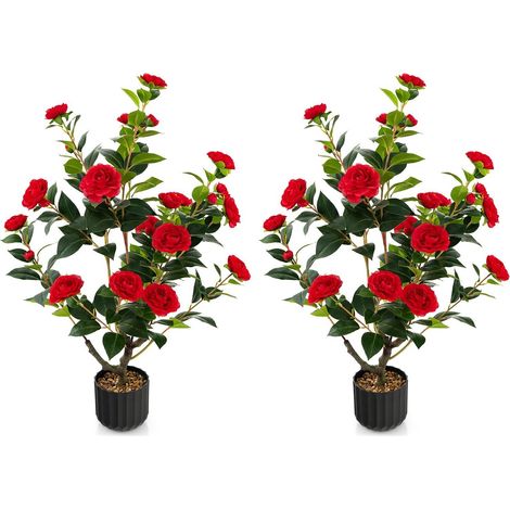 2 Pack Artificial Camellia Tree Faux Flower Plant Artificial Tree 24 Red Flowers (1/5)