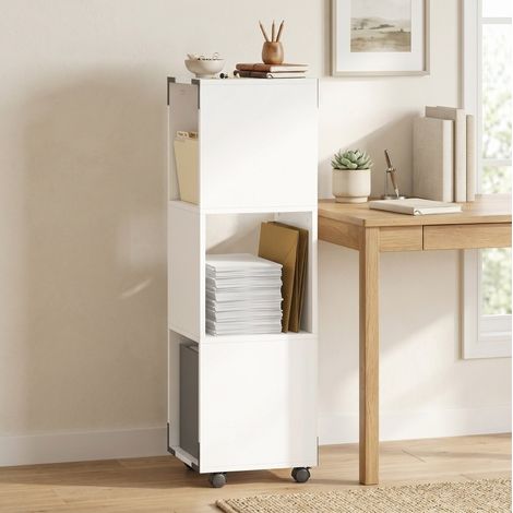 Caisson de rangement mobile avec 3 étagères ouvertes et surface pour imprimante, roulettes avec freins, blanc (1/5)
