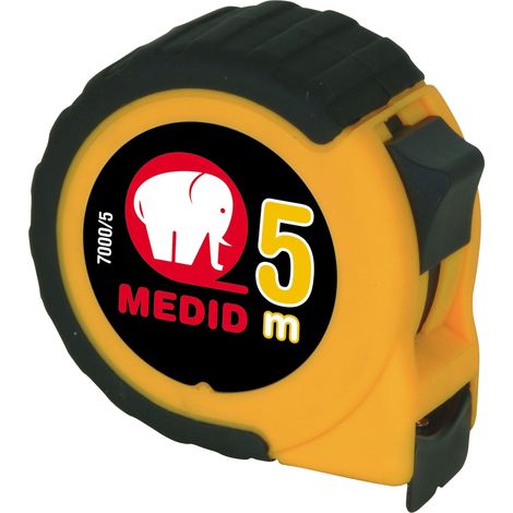 Mètre déroulant 5 m x 25 mm – Conception en ABS et élastomère – Résistant aux chocs – Pour chantiers intensifs – Medid