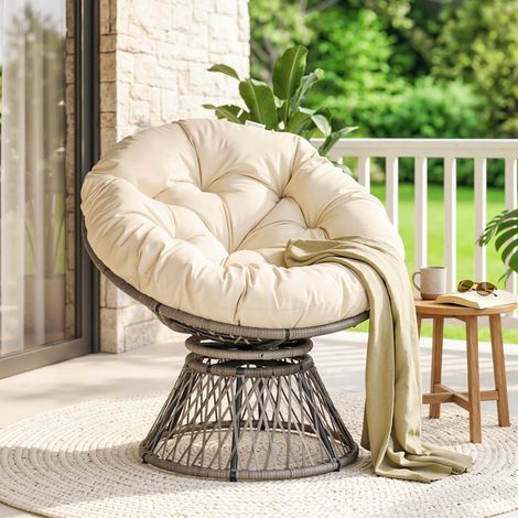 Fauteuil rond de jardin fauteuil papasan pivotant Ø 97 x 90H cm grand coussin fourni polyester résine tressée (1/5)