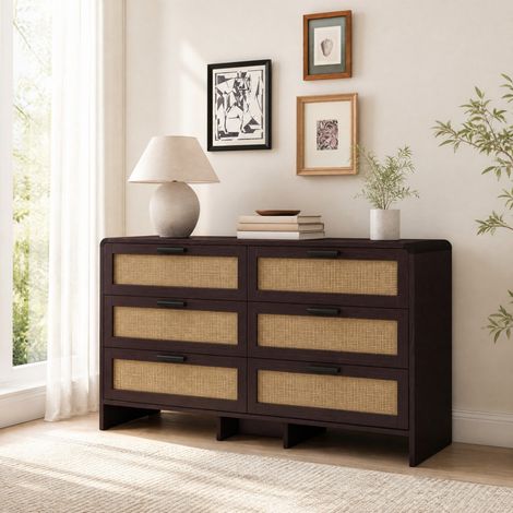 MEUBLIV Kommode mit 6 Schubladen 130 x 40 x 74 cm rotbraun mit Rattan-Optik-Fronten (1/5)