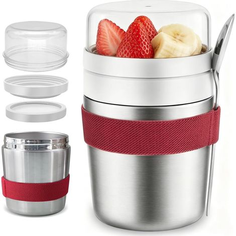 Edelstahl-Müslibecher für unterwegs, 500 ml + 220 ml, mit Löffel, auslaufsicherer, vakuumisolierter Joghurtbecher, doppelwandige Müslibox für Porridge, Joghurt und Cornflakes für Kinder und Erwachsene (1/5)