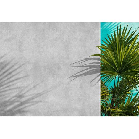 Papier peint panoramique gris & turquoise avec plante Tapisserie panoramique béton & plamier idéale salon Papier peint panoramique pour escalier (1/2)