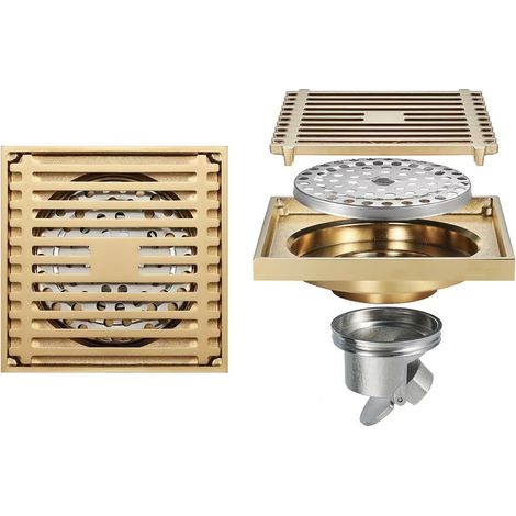 Square floor drain, 100 x 100 mm, recessed, suitable for bathroom tiles, with removable filter cover, gold. (1/5)