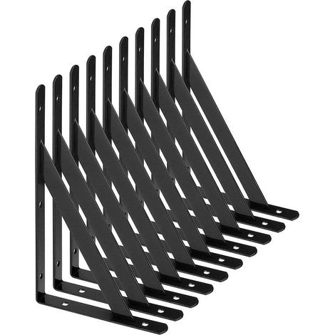 (Noir) Equerre Etagere Murale, 10 Pcs Supports Triangulaires de 90 Degrés en Acier, Équerres Étagères 200mm x 120mm (1/4)