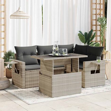 Muebles de exterior - vidaXL Set de sofás jardín y cojines 5 pzas ratán sintético gris claro - Cojines desenfundables (1/5)
