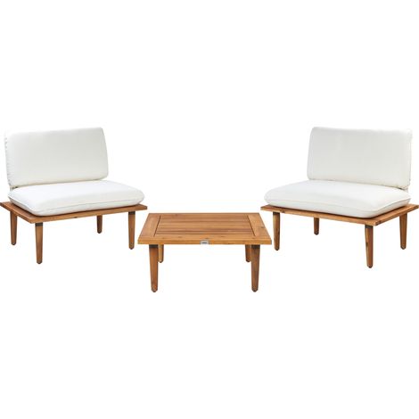 Conjunto de jardín 2 plazas de madera de acacia certificada con cojines color blanco crema Frascati