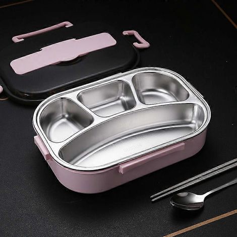 Lunchbox aus Edelstahl 304 mit Fächern, 4-Fächer-Bento-Lunchbox, geeignet für Erwachsene, isolierte Edelstahl-Lunchbox mit Löffel und Essstäbchen (D- (1/3)