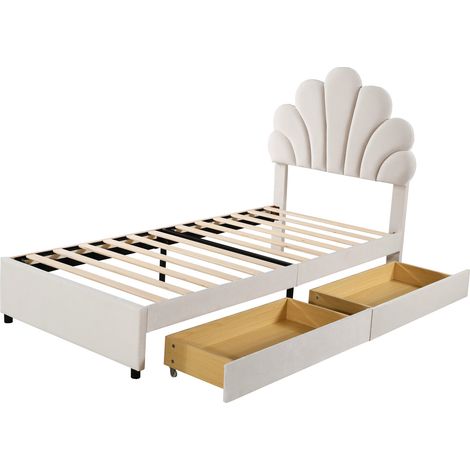 Lit enfant tapissé beige, dimensions 90 x 200 cm, équipé de tiroirs