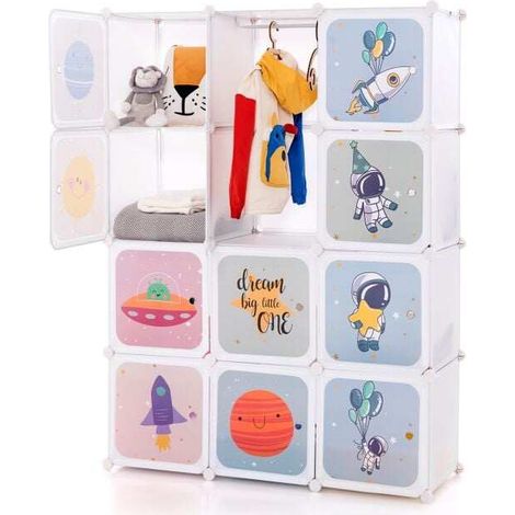 Armoire enfant blanche portable avec 12 cubes et 2 espaces de suspension, structure modulable pour chambre, salle de jeux et crèche (1/5)