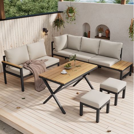 4-teiliges Gartenmöbel-Set aus verzinktem Stahl und Polyester in Grau, Ecksofa mit Tisch, 2 Hockern und Ablage (1/5)