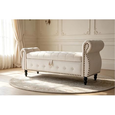 Banquette de Rangement Premium Luxe Bout de Lit en Velours, Beige Ilrrégulière Banquette de Chambre Rembourrée avec Accoudoirs Hauts, Grand Coffre de Rangement pour Chambre, Dressing & Entrée (1/5)