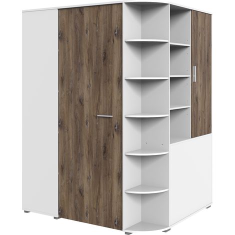 Pegane – Armoire dressing placard blanc – Rechampis imitation chêne Flagstaff – Longueur 124 cm x Hauteur 199 cm x Profondeur 148 cm – Panneaux de particules mélaminés (1/4)