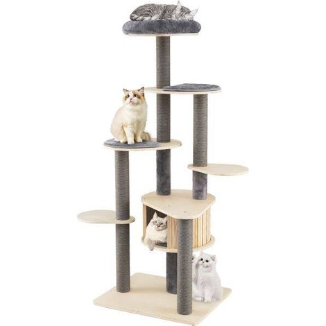 Arbre à chat gris 172 cm multi-niveaux avec plateforme rembourrée, coussins lavables et poteaux à griffer pour salon et appartement (1/5)