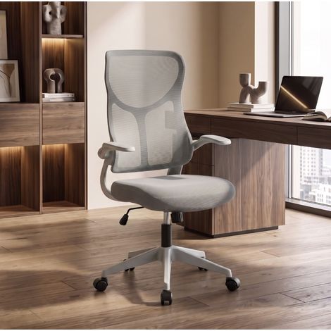 MODFU – Sedia da ufficio grigia con schienale in rete, braccioli ribaltabili, basculante, rotazione 360° e portata 120 kg – Grigio (1/5)