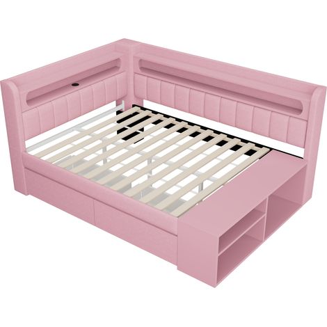Letto imbottito 90 x 200 cm rosa con porta USB, striscia LED, scarpiera e 2 cassetti (1/5)