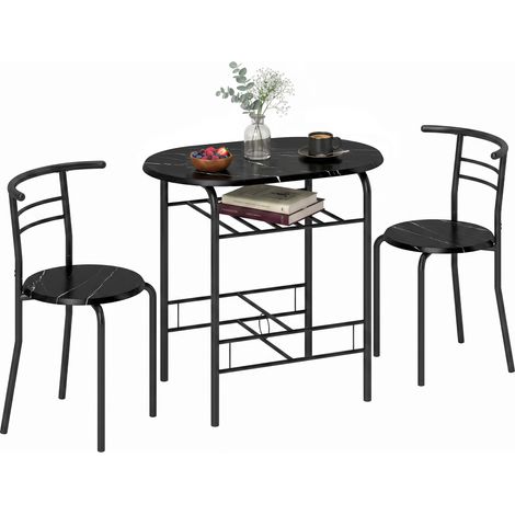 Essgruppe 3-teilig, Küchentisch und Stühle für 2 Personen mit Regal, Wohnzimmer, schwarze Marmor-Optik (1/5)