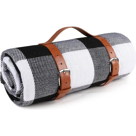Couverture de pique-nique étanche et résistante au sable pliable et portable avec poignée en cuir synthétique pour activités de plein air, voyage, camping, noir et blanc, 150 x 200 cm (1/5)