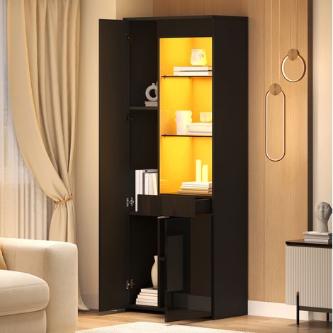 Vitrine 70x35x180 cm en panneaux de bois et verre trempé noir, avec rangement salon FloraGrace (1/5)