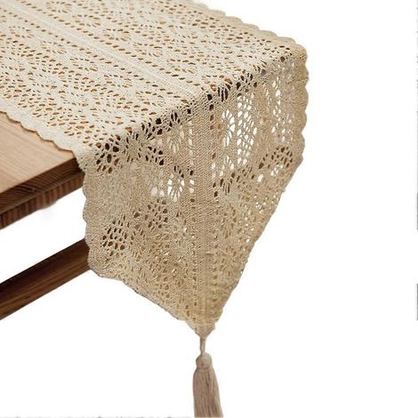 Chemin de table en dentelle à pompons, bannière de table pour décoration bohème, salle à manger, chambre, enterrement de vie de jeune fille rustique, fêtes, 23 x 160 cm (1/5)
