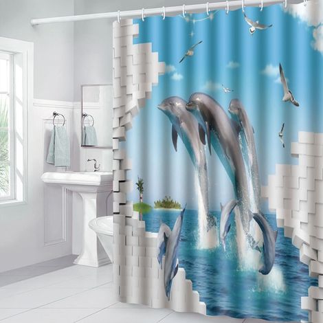 Rideau de douche imprimé dauphin 180 x 180 cm, en polyester imperméable. Accessoire de salle de bain. (1/5)