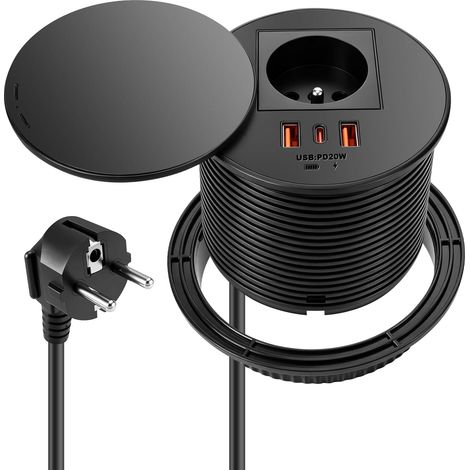 Bloc Prise Encastrable Rond 80 mm avec USB-C PD20W + 2 USB-A, Multiprise Encastrable Plan de Travail, Bureau, Cuisine, Meuble, Prise Française avec Câble 1.5 m (1/5)