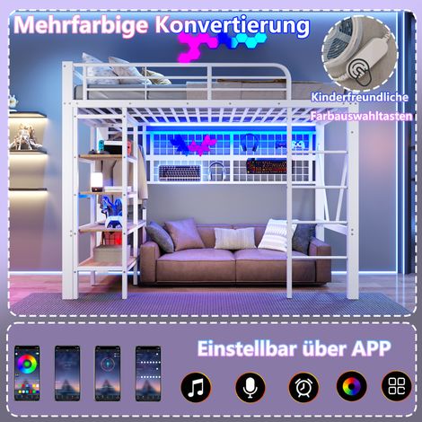 Lit minuit 90x200 cm fer blanc,rangements,filet suspension,porte-linge,espace ouvert,LED,design industriel épuré,sans matelas
