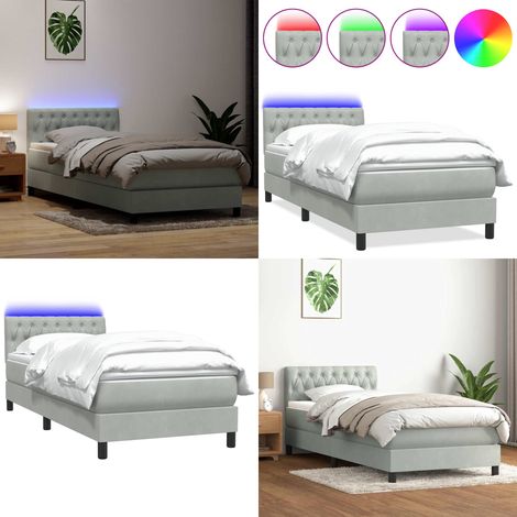 Cama box spring con colchón y LED terciopelo gris claro 80x220 cm - Cama con luz LED - Colchón ensacado