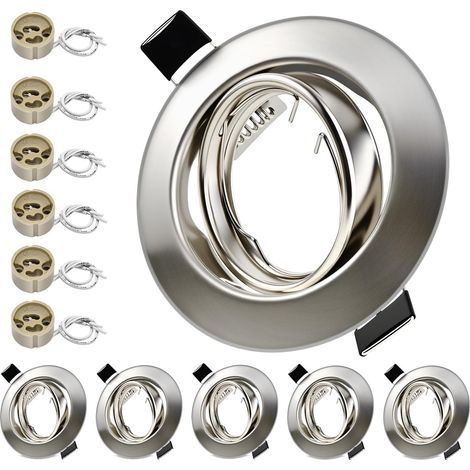 Lot de 6 Projecteurs Encastrables GU10, Cadre Nickel Brossé Douille céramique, orientables à 30°, Ø 68-80mm. Pour ampoules LED/halogènes 50mm. Ampoule non incluse. (1/5)