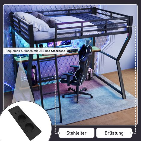 Lit surélevé 90x200 cm, LED intégrées, étagère console, bureau, ports USB+prise, garde-corps, escalier, sommier nu, noir.