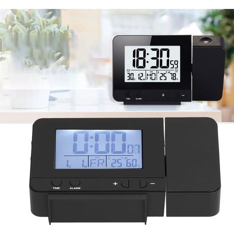 Reloj despertador con proyector, reloj digital LED alimentado por USB con indicador de temperatura y humedad, giratorio 180°, negro. (1/5)