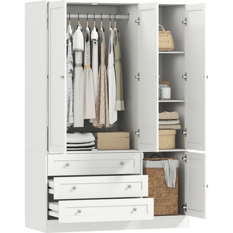 Armoire Chambre Penderie avec 4 Portes, 3 Tiroirs, Barre de Suspension et Étagère Réglable, 120 x 50 x 176,5 cm, Blanc, rangement design, salon et bureau (1/5)
