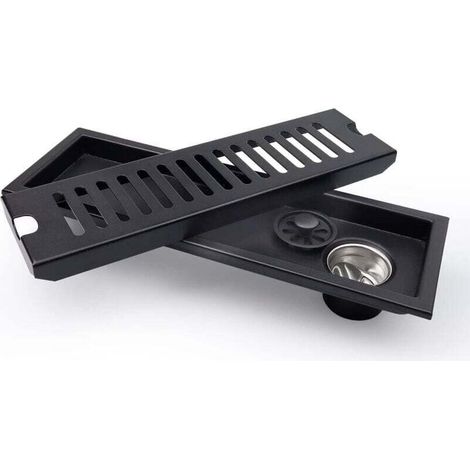 Black - rectangular floor drain, shower floor drain 30 x 10 cm, black floor drain with stainless steel grate, suitable for WC, bathroom, kitchen, balcony (1/4)