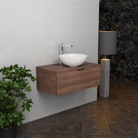 Inda - Badezimmerschrank B.80 mit Aufsatzwaschbecken / Braune Eiche 1 Schublade - Topazio (1/5)