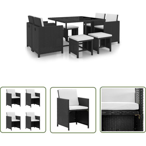 The Living Store Ensemble à manger d’extérieur 9 pcs coussin Résine tressée Noir - Mobilier De Jardin - Salon De Jardin - Set De Jardin - Table De Jardin - Chaises De Jardin (1/5)