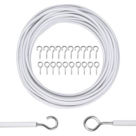 Câble de Rideau 10M Blanc, Fil de Rideau Corde Suspendue Kit avec 20 Crochets, Kit Flexible pour Suspendre des Rideaux, Rideaux de Douche, Tringle à Rideau, Facile à Installer et Ajuster (1/5)