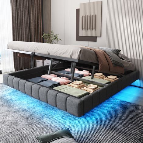 Cama Baúl 180x200 Cm Estructura Metálica Tela Lino Gris (1/5)