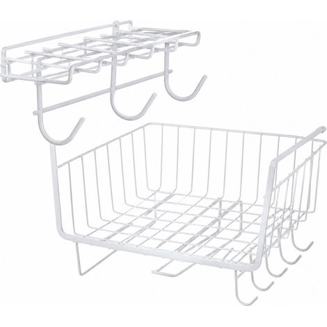 Panier métallique à suspendre sous meuble, 5 crochets, porte-essuie-tout, blanc, organisateur de rangement de cuisine blanc (1/5)