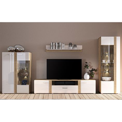 Wohnwand in Eiche Nb. AKRON-131 modern mit Fronten in Hochglanz weiß 4-teilig mit Vitrinenschrank (1/5)